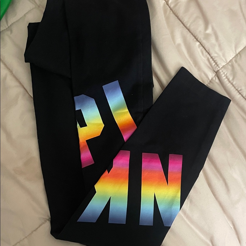 PINK Victoria's Secret Black Leggings with Rainbow Gradient Logo